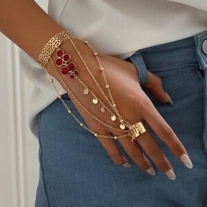 1pc Punk Style Hollow Metal Bracelet Chain Connected Hollow Flower Ring,